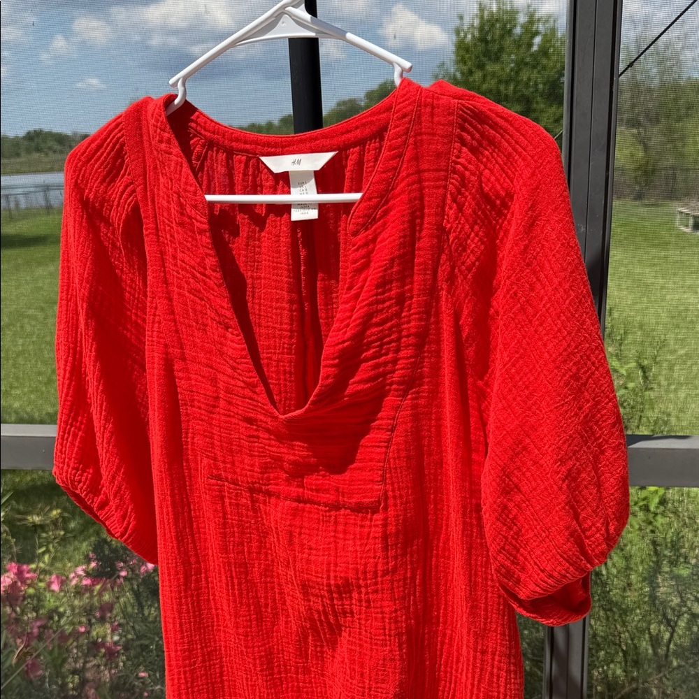 H&M Bright Orange Textured Puff Sleeve Swim Coverup / Dress